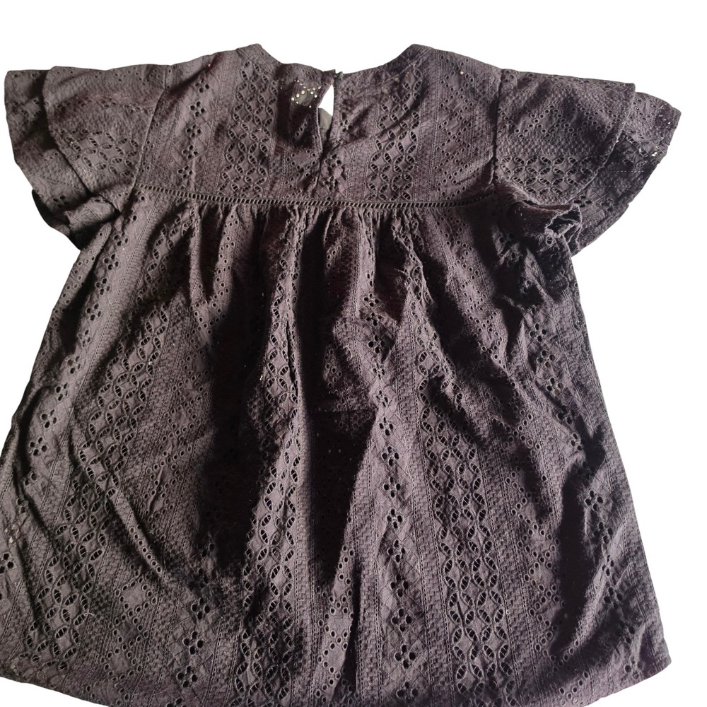 Pleione Womens Black Eyelet Lace Babydoll Blouse Flutter Sleeve Top Small